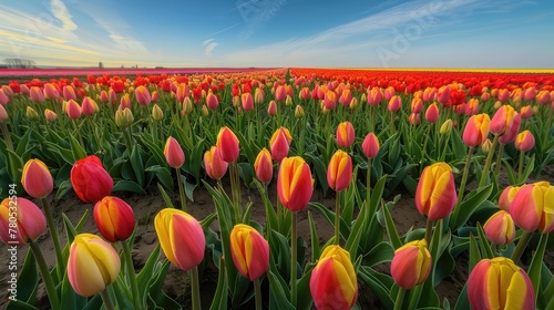 field of tulips and blue sky.