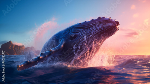 A big whale emerges from water in the sea, splash, Turn around, showing, blue and orange sky, dark blue sea © Anthichada