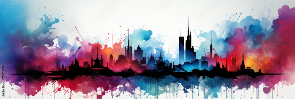 Vibrant cityscape with watercolor accents, featuring an abstract urban skyline with diverse architectural elements, capturing the energy of a bustling metropolis. Panoramic Composition.