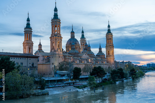 Basilica del Pilar by the River at Dusk, Zaragoza photo