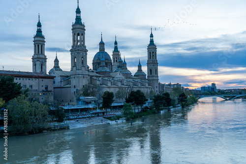 Basilica del Pilar by the River at Dusk, Zaragoza photo