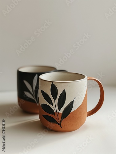 Handcrafted ceramic mugs with elegant leaf designs, ideal for a cozy coffee break or a stylish kitchen