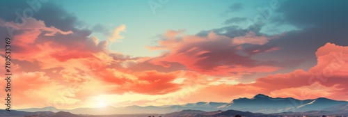 Stunning photography of fiery sunset sky in warm hues with dense clouds over mountain peaks on horizon, perfect for travel, tourism, and nature-themed projects. Panoramic Composition.