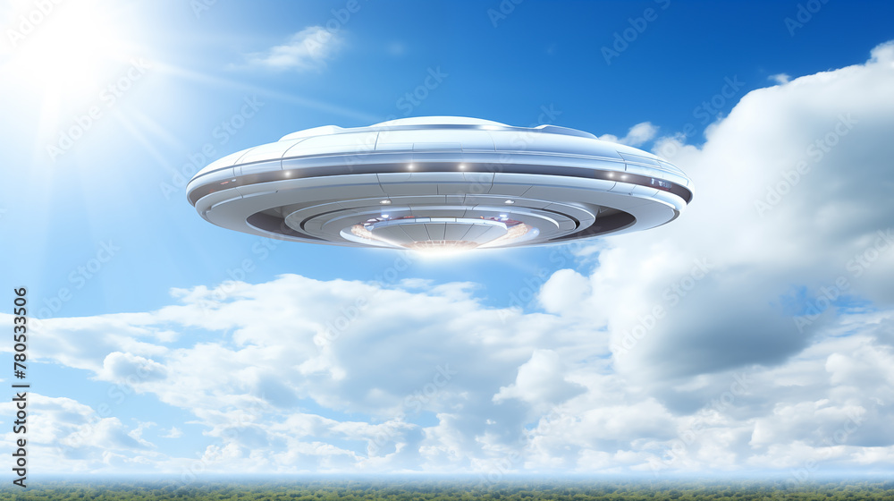 A huge white spacecraft floating in the sky, UFO alien ship A huge white spacecraft floating in the sky, UFO alien ship