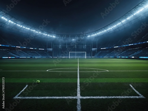 textured soccer game field with neon fog center, midfield, 3D Illustration