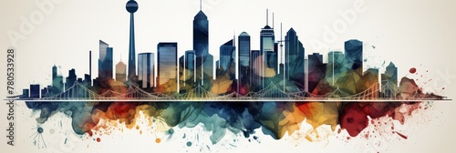A beautiful illustration of a modern city skyline with a colorful splash of paint below. Perfect for any project needing a vibrant urban backdrop. Panoramic Composition. photo