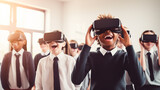 Multicultural schoolchildren using virtual reality headsets. School children wearing VR virtual reality headsets in a classroom. Education and technology	