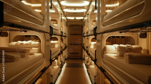 Bright Bunk Pod Interior. A neatly organized bunk pod cabin, with clean white bedding and well-lit interior, offers a simple yet comfortable shared sleeping space