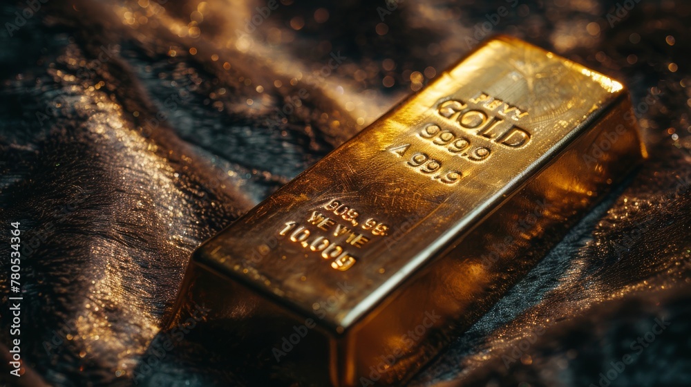 Close-up of single gold bar on luxurious shimmering fabric, concept of wealth and investment in precious metals Close-up of single gold bar on luxurious shimmering fabric, concept of wealth and investment in precious metals