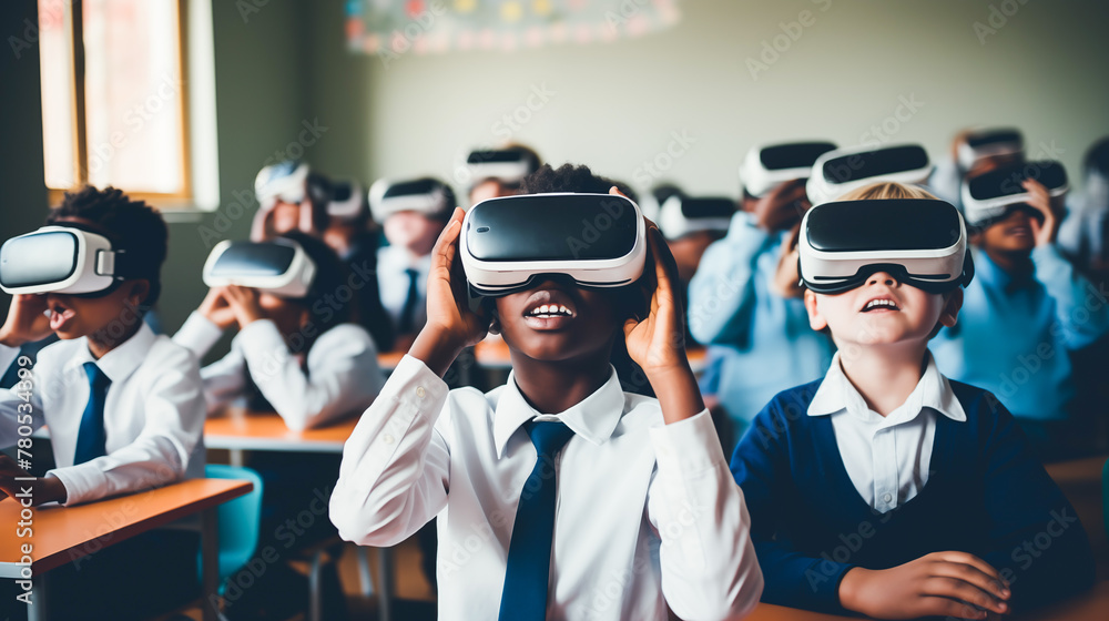 ภาพประกอบสต็อก Multicultural schoolchildren using virtual reality headsets. School children