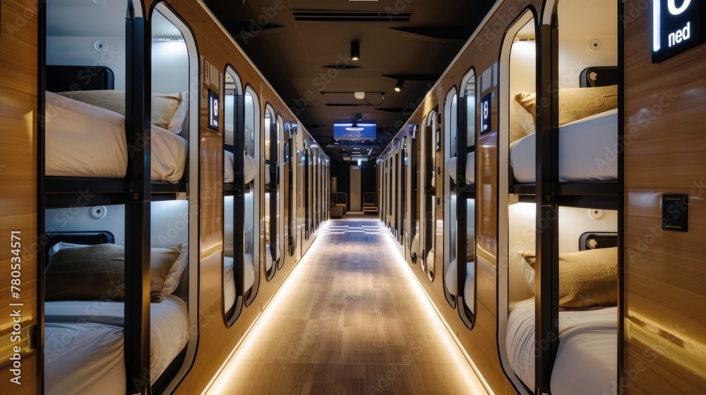 Modern Capsule Hotel Interior. The inside view of a modern capsule hotel with a symmetrical arrangement of cozy sleeping pods illuminated by soft lighting