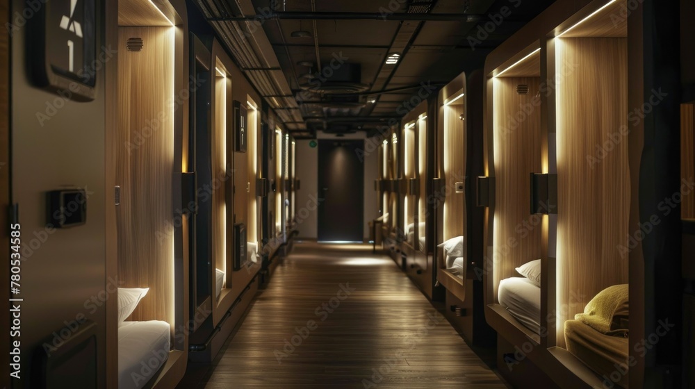 Warmly Lit Capsule Hotel Hall. The hall of a capsule hotel with a warm ambiance created by soft lighting around each pod, inviting travelers into a cozy, modern sleeping experience