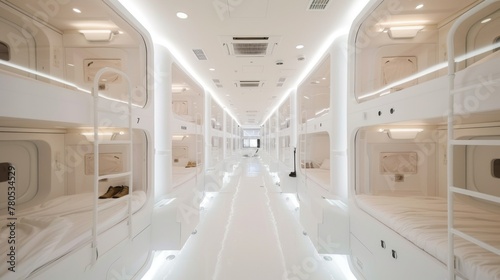White Capsule Hotel Alley. A clean, white capsule hotel alley showcasing a series of modern sleeping pods, highlighted by soft ambient lighting for a restful stay