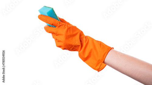 Hand in Orange Gloves Holding Blue Sponge