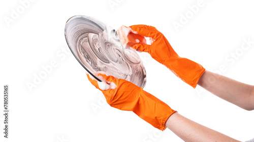 Orange Gloves Holding Washing Machine