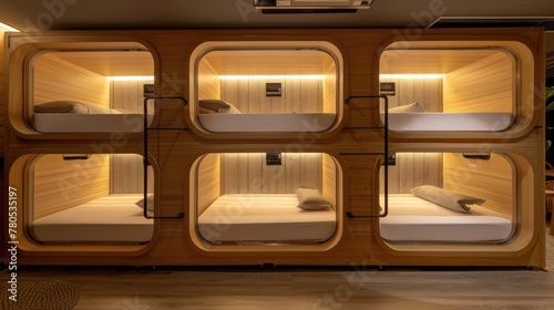 Modern Capsule Hotel Interior. The inside view of a modern capsule hotel with a symmetrical arrangement of cozy sleeping pods illuminated by soft lighting © Rodica