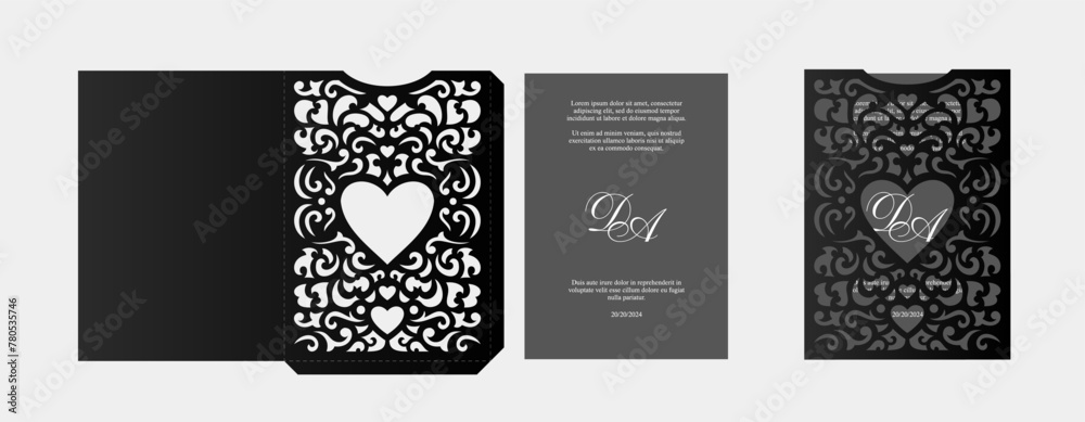Template for laser cutting wedding invitations with heart. Prefabricated design Template for laser cutting wedding invitations with heart. Prefabricated design