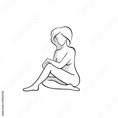 Vector logo, hand-drawn with a pen. A woman sits on the floor with her legs crossed. She is barefoot and without clothes.