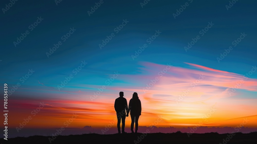 Silhouetted Couple Against Sunset Sky. A couple's silhouette stands hand-in-hand, set against a dramatic sunset sky, capturing a moment of connection in a vast, tranquil landscape. love, family