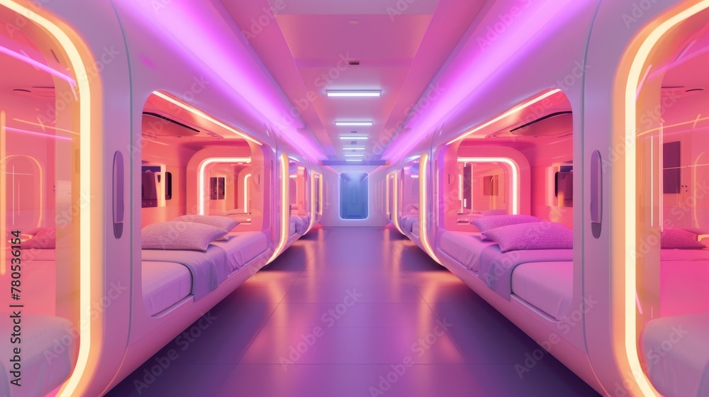 Neon-Lit Capsule Hotel Hallway. A captivating view of a capsule hotel's hallway bathed in neon lights, offering a futuristic lodging experience with a vibrant atmosphere