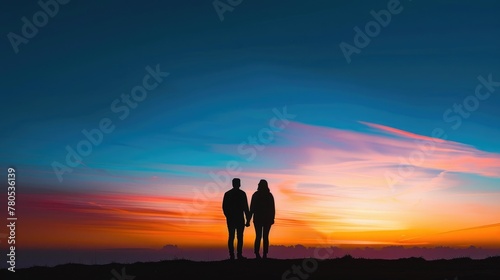 Silhouetted Couple Against Sunset Sky. A couple's silhouette stands hand-in-hand, set against a dramatic sunset sky, capturing a moment of connection in a vast, tranquil landscape. love, family