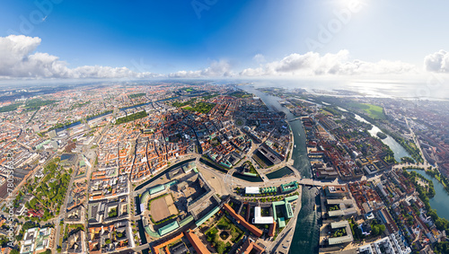 Copenhagen  Denmark. Panorama of the city in summer. Sunny weather with clouds. Aerial view