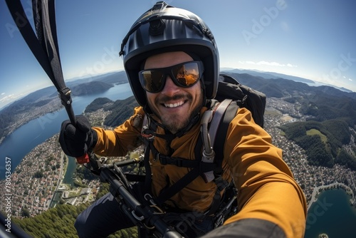 Paraglider smiling paragliding in alps