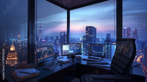 A computer workstation with a view of the city at night. Scene is calm and focused, as the person working at the desk is likely concentrating on their tasks © SKW