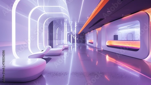 Neon-Lit Capsule Hotel Hallway. A captivating view of a capsule hotel's hallway bathed in neon lights, offering a futuristic lodging experience with a vibrant atmosphere
