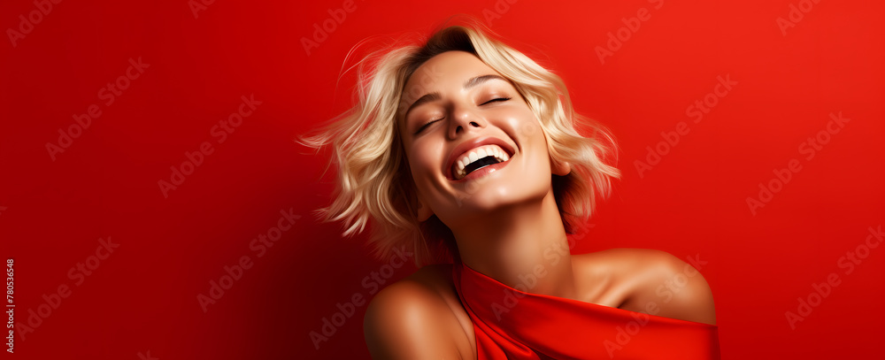 portrait of a blonde beautiful woman on a red background abstract portrait of a blonde beautiful woman on a red background abstract