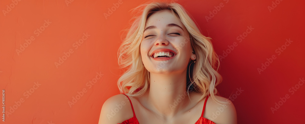 portrait of a blonde beautiful woman on a red background abstract	