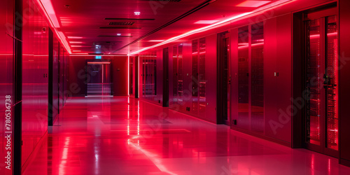 A high-tech data center corridor illuminated by vibrant red LED lights