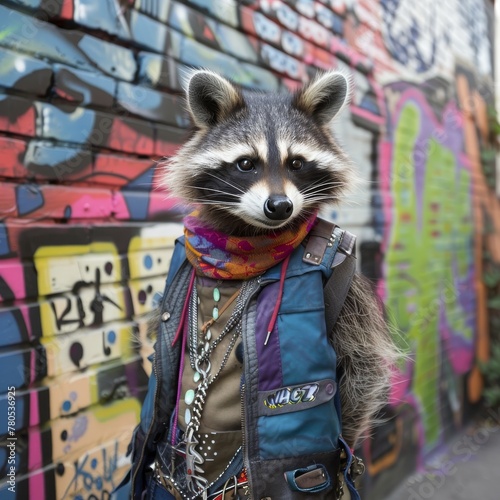Anthro raccoon in hipster ensemble, urban alley backdrop, graffiti walls