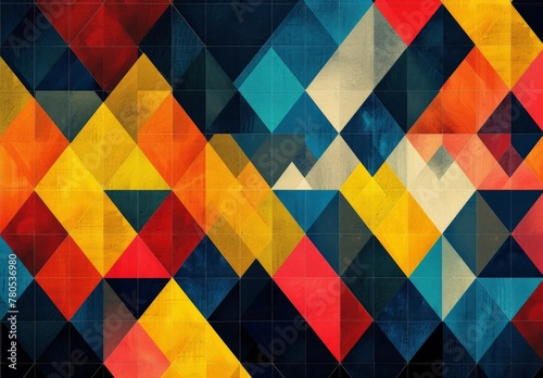 Vibrant Geometric Triangle Pattern with Red, Orange, Yellow and Blue Shapes on Black Background