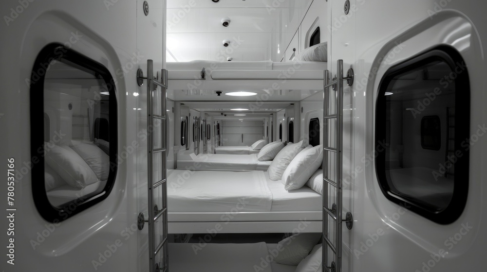 Sleek Capsule Hotel Design. The sleek black-and-white interior of a capsule hotel corridor, featuring futuristic capsule rooms for a modern, space-efficient accommodation experience Sleek Capsule Hotel Design. The sleek black-and-white interior of a capsule hotel corridor, featuring futuristic capsule rooms for a modern, space-efficient accommodation experience