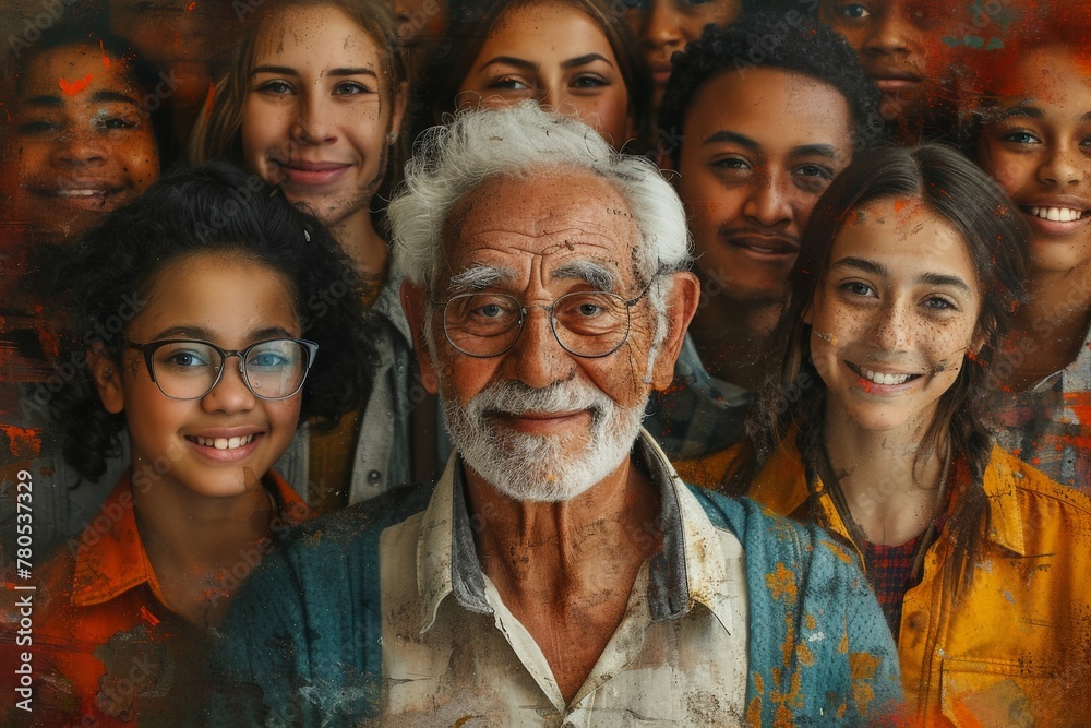 Group of people surrounding elderly man in front of vibrant orange background during social gathering