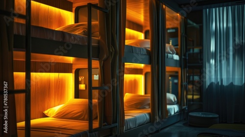 A warm  wood-paneled capsule hotel with individual cubicles  each a cozy nook of privacy and comfort for the modern traveler