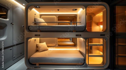 Futuristic Dual Capsule Hotel Room. An innovative double capsule hotel room, glowing with ambient orange light, showcases stacked sleeping pods with white bedding and a sleek, modern design © Rodica