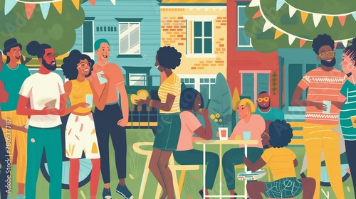 A group of people are gathered outside, enjoying each other's company. The scene is lively and cheerful, with people of different ages and races mingling and socializing. There are several chairs