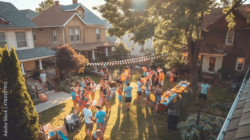 A group of people are gathered in a backyard, enjoying a party. The atmosphere is lively and social, with people mingling and having fun. The backyard is decorated with a table and chairs - obrazy, fototapety, plakaty 