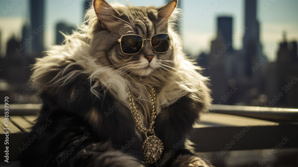 Envision a chic cat in a faux fur stole, paired with oversized sunglasses
