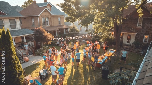 A group of people are gathered in a backyard, enjoying a party. The atmosphere is lively and social, with people mingling and having fun. The backyard is decorated with a table and chairs photo