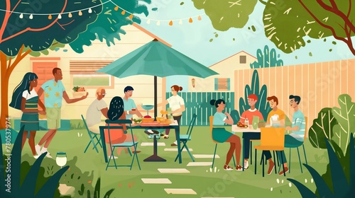 A group of people are gathered outside for a barbecue. There are several chairs and dining tables set up, and a large umbrella provides shade. The atmosphere is relaxed and social