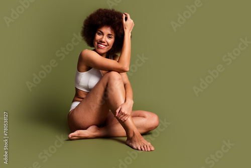 No filter photo of seductive pretty lady underwear lingerie accepting imperfect skin empty space isolated khaki color background © deagreez