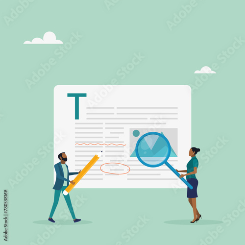Online editing.
Editorial and copywriting services. Copywriters check the grammar and spelling of a document page. Vector illustration.
