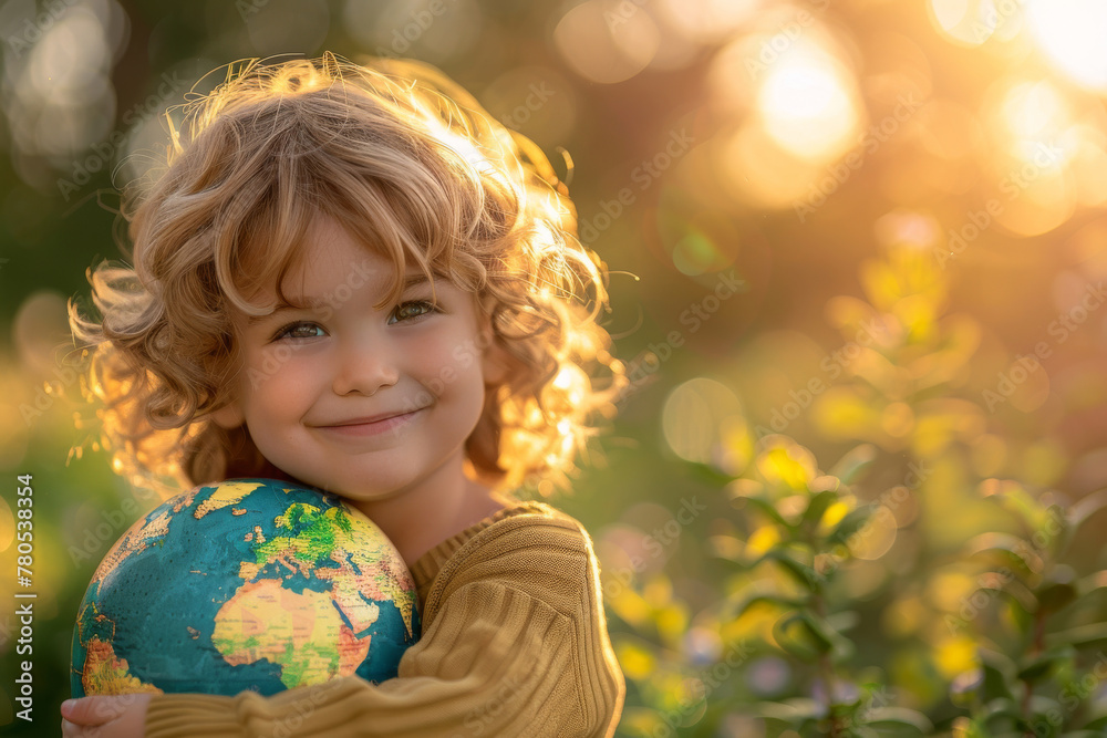 Fototapeta premium Happy Child Holding Globe in Sunlit Garden