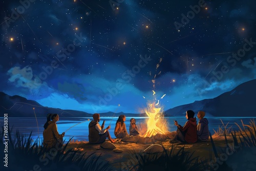 A group of people are sitting around a campfire on a beach at night. Scene is warm and inviting, as the group of people seem to be enjoying each other's company and the peaceful surroundings