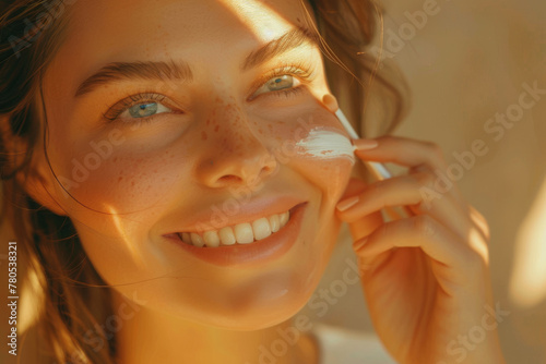 Sun-Kissed Freckled Woman Smiling with Warm Light