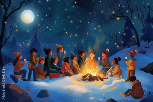 A group of children are gathered around a fire, with some of them holding cups. The scene is set in a snowy forest, with a full moon in the background. Scene is warm and cozy