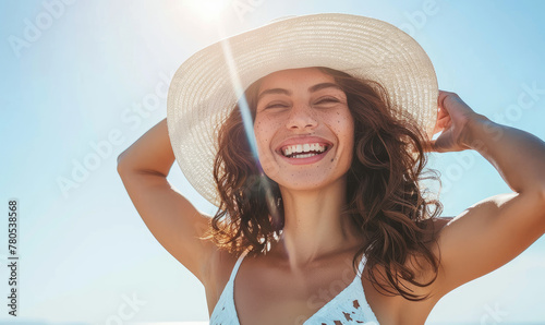 A woman in her thirties laughing on the beach, wearing white and a straw hat on a sunny day with a clear sky